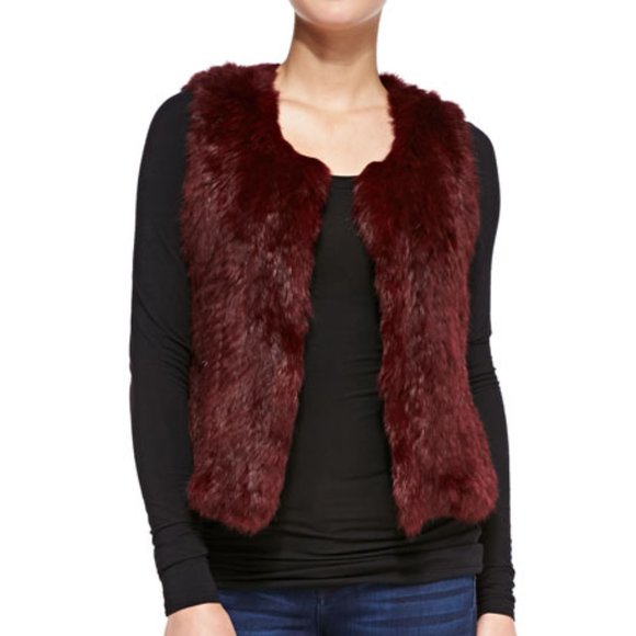 525 America Womens Rabbit Fur Open Front Casual Vest Burgundy - Picture 2 of 5